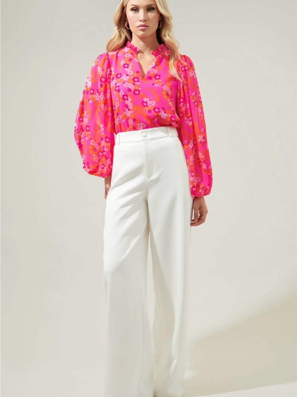 Sugarlips Poppy Punch Hathaway Split Neck Long Sleeve Blouse - Picture 4 of 5